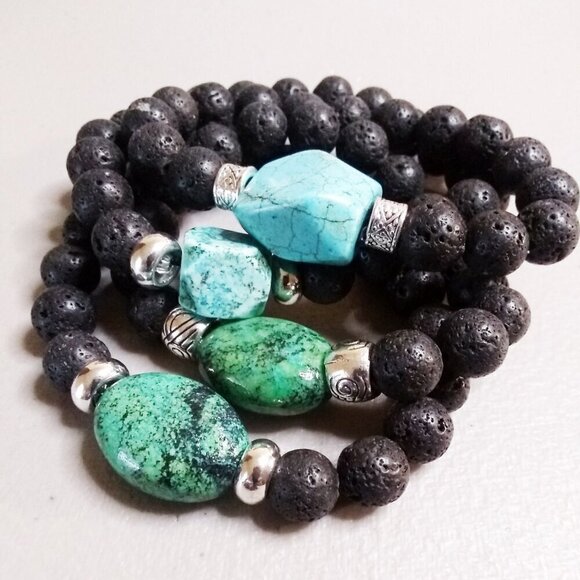 Turquoise Howlite & Black Lava Rock Bracelet! Thick, Solid & Chunky Stone Beads - Picture 8 of 8